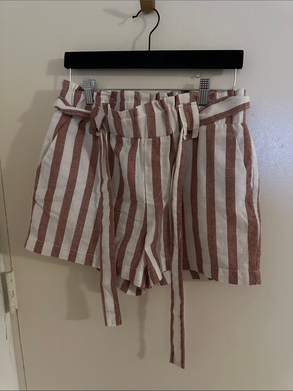 Striped Paperbag Waist Shorts in Dusty Rose and White Medium